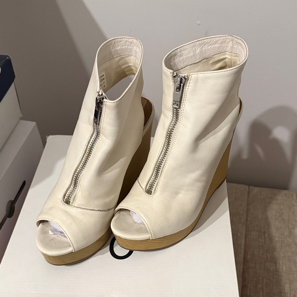 Aldo Cream Zip-Up Peep-Toe Wedges
